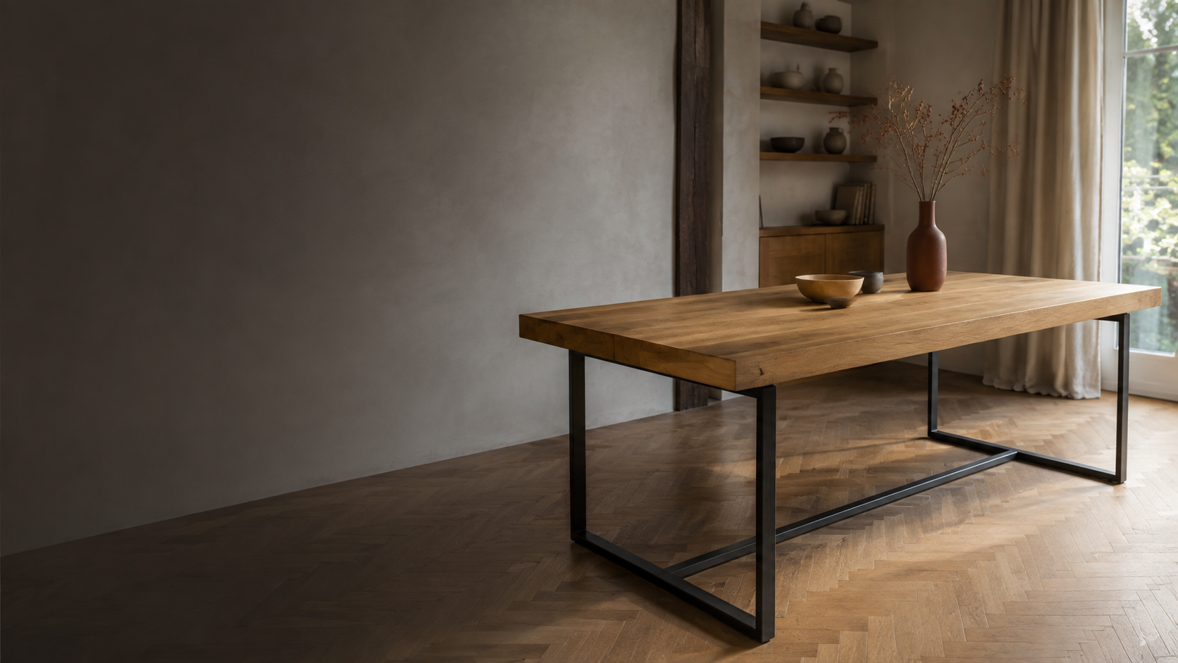 Design visual of a bespoke oak dining table on a matte black steel frame