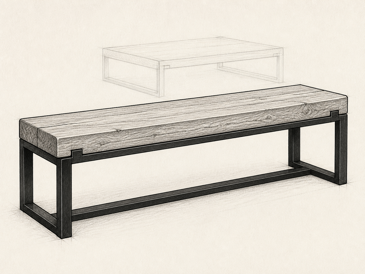 Black and white concept sketch of an oak bench with a matching coffee table study