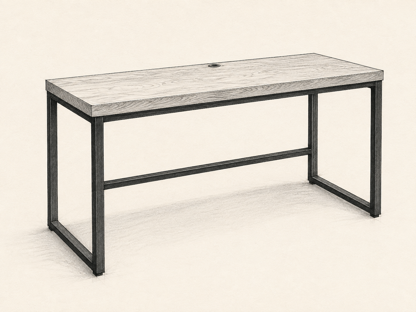 Black and white concept sketch of a slim oak desk and console on a welded steel frame