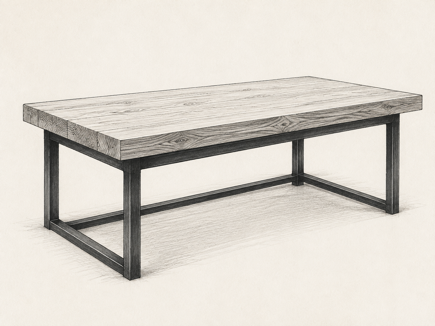 Black and white concept sketch of a solid oak dining table on a welded steel frame